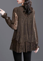 Women Coffee Ruffled Hollow Out Patchwork Knit Shirt Tops Fall