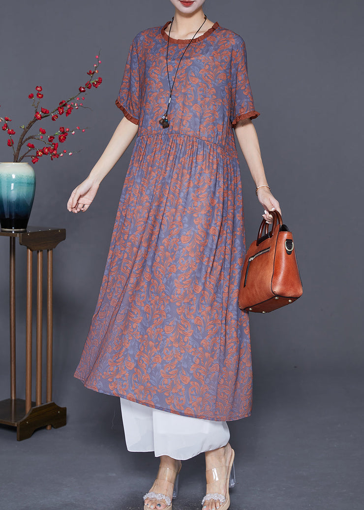 Women Coffee Ruffled Patchwork Print Silk Long Dresses Summer