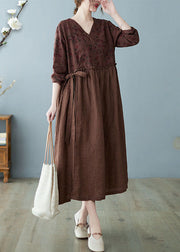 Women Coffee Ruffled Tie Waist Oriental Linen Dresses Spring