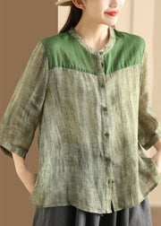 Women Coffee Stand Collar Button Patchwork Linen Shirts Summer
