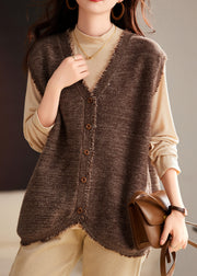 Women Coffee Tasseled Knit Vest And Cotton Top Two Pieces Set Winter