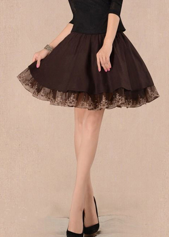 Women Chocolate Tulle Patchwork High Waist Woolen A Line Skirts Winter