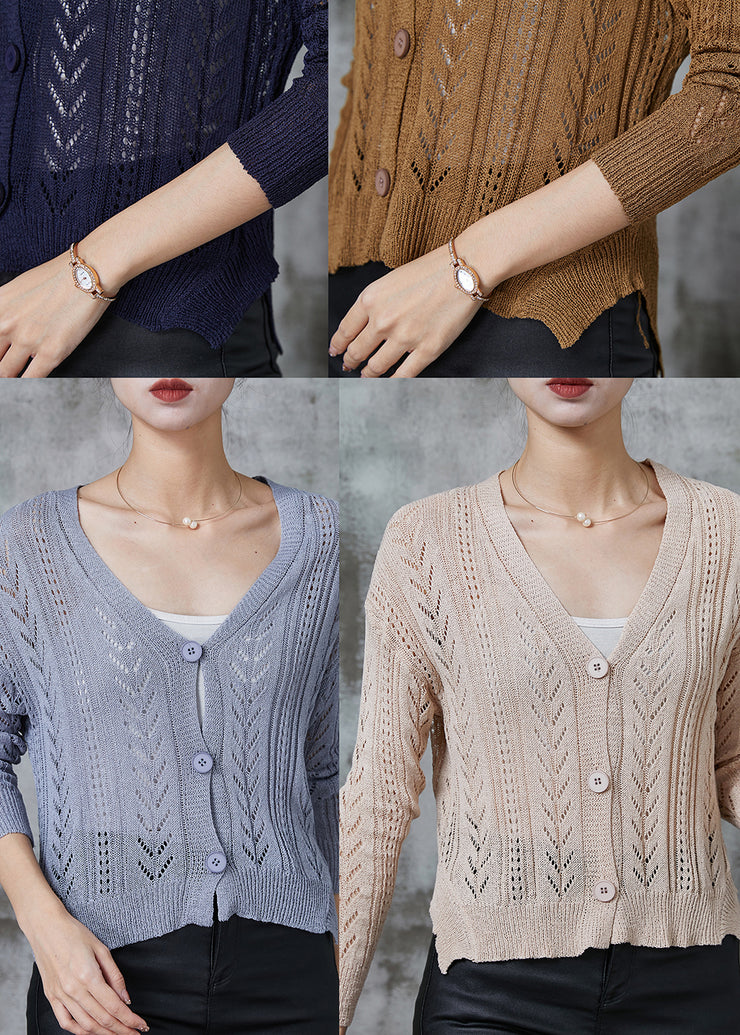 Women Coffee V Neck Hollow Out Knit Cardigans Spring