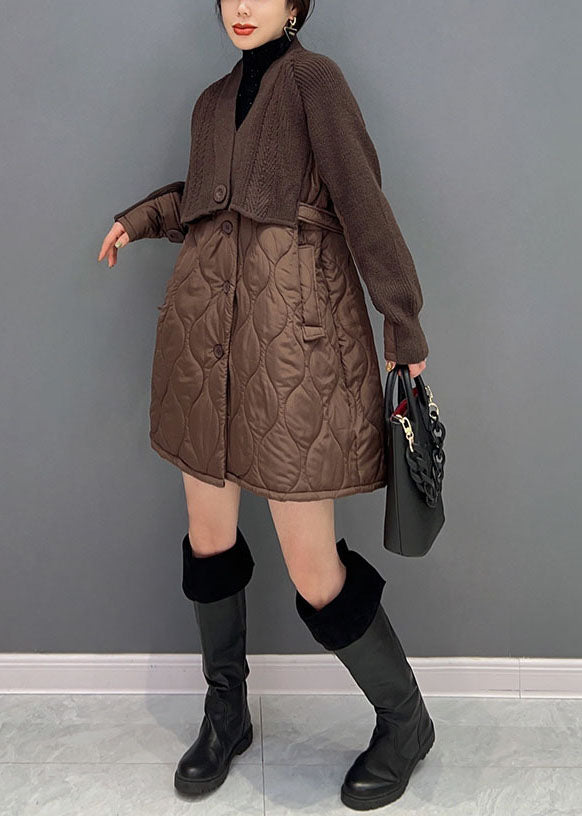 Women Chocolate V Neck Knit Patchwork  Cotton Filled coats Winter