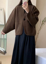 Women Coffee V Neck Pockets Woolen Short Coat Winter