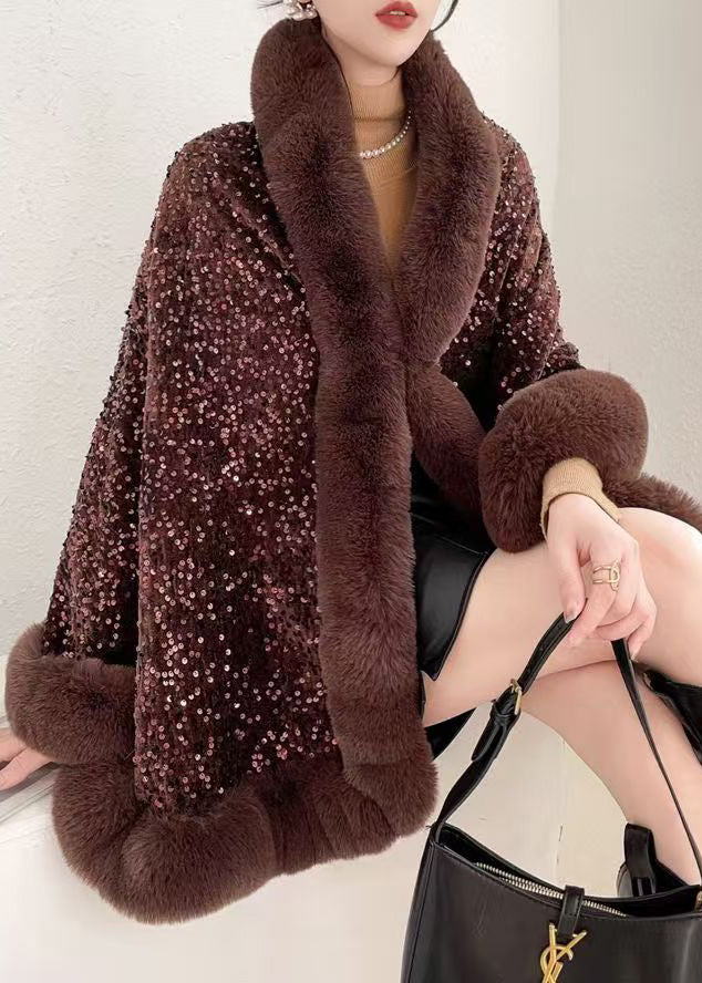 Women Coffee V Neck Sequins Patchwork Warm Fleece Coat Batwing Sleeve