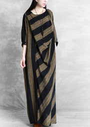 Women Coffee Yellow Striped Patchwork Long Dress Long Sleeve