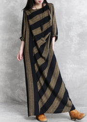 Women Coffee Yellow Striped Patchwork Long Dress Long Sleeve