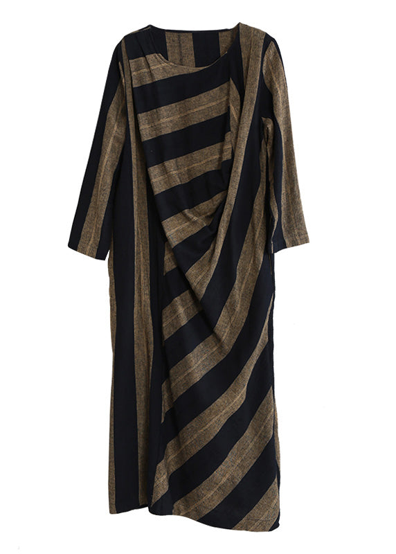 Women Coffee Yellow Striped Patchwork Long Dress Long Sleeve