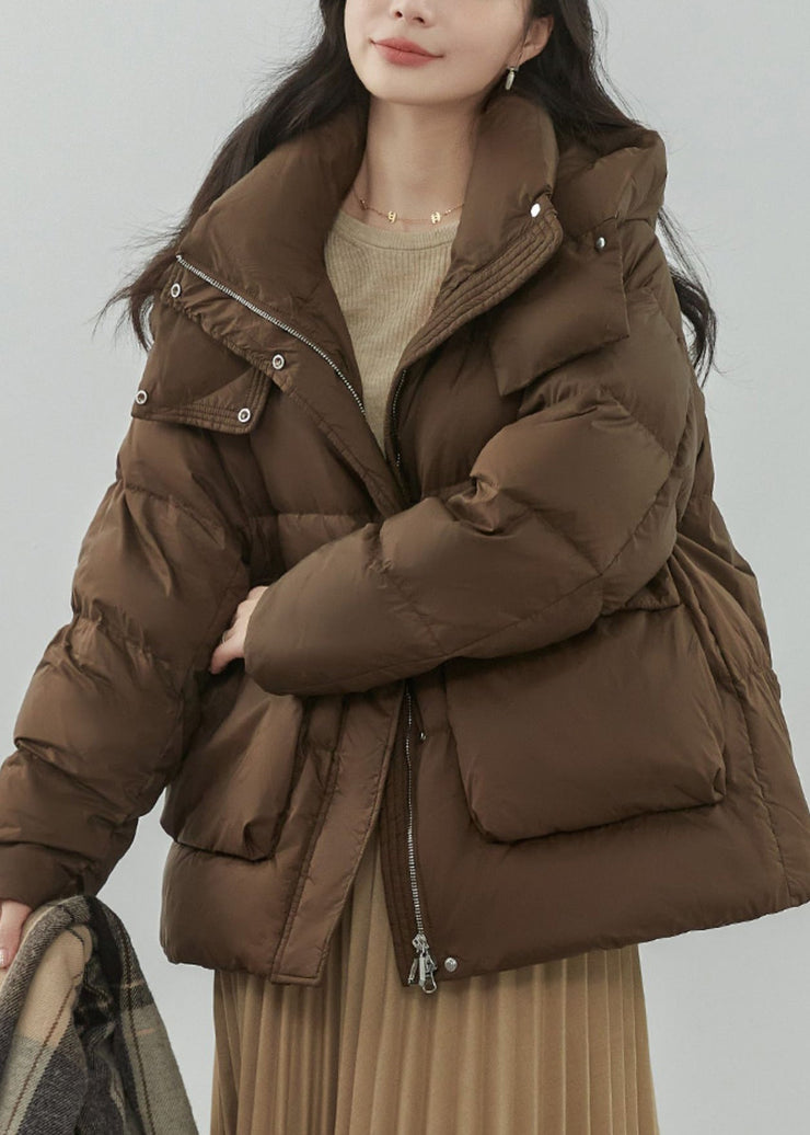 Women Coffee Zippered Pockets Patchwork Duck Down Coat Winter