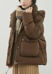 Women Coffee Zippered Pockets Patchwork Duck Down Coat Winter