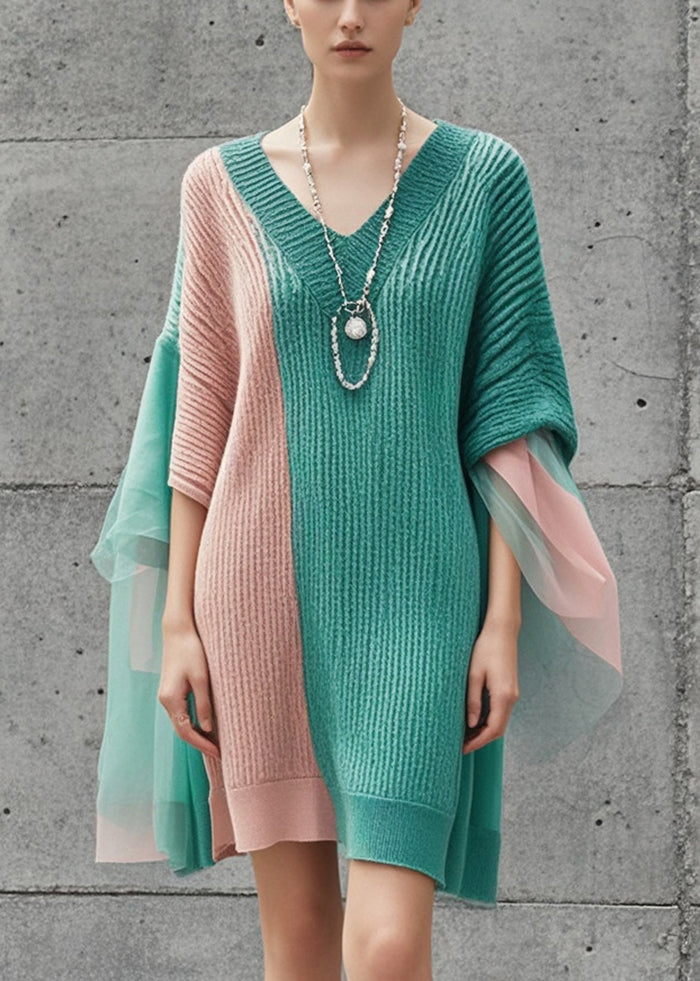 Women Colorblock Asymmetrical Patchwork Knit Sweater Dress Fall