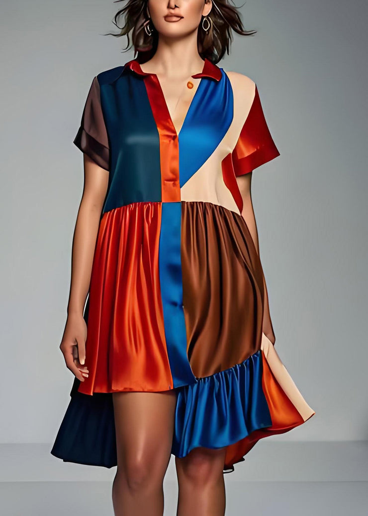 Women Colorblock Asymmetrical Patchwork Silk Dress Summer