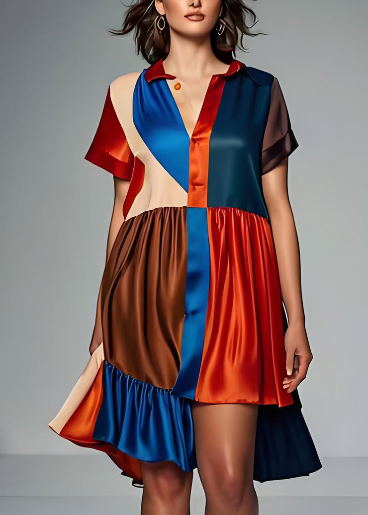 Women Colorblock Asymmetrical Patchwork Silk Dress Summer