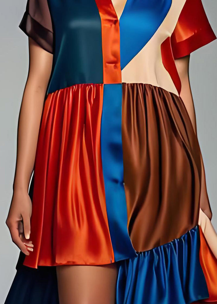 Women Colorblock Asymmetrical Patchwork Silk Dress Summer