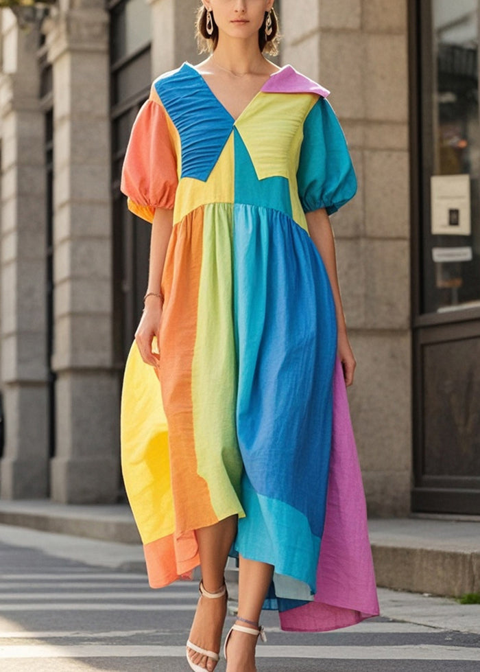 Women Colorblock Asymmetrical Patchwork Wrinkled Cotton Vacation Dresses Summer