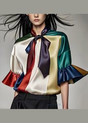 Women Colorblock Bow Patchwork Silk Shirts Summer
