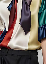 Women Colorblock Bow Patchwork Silk Shirts Summer