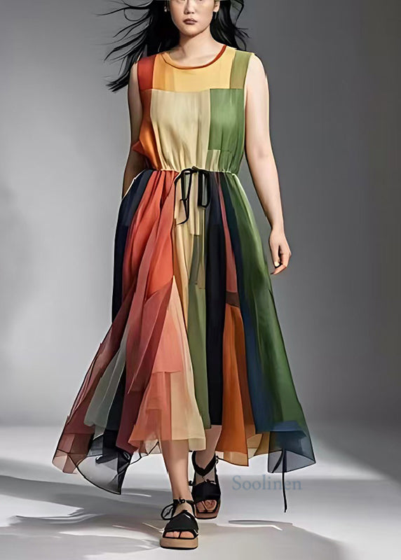 Women Colorblock Cinched Patchwork Tulle Sundress Sleeveless