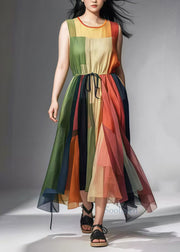 Women Colorblock Cinched Patchwork Tulle Sundress Sleeveless