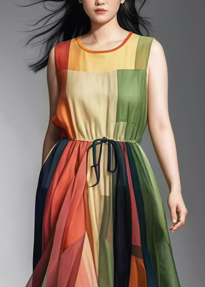 Women Colorblock Cinched Patchwork Tulle Sundress Sleeveless