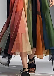 Women Colorblock Cinched Patchwork Tulle Sundress Sleeveless