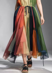 Women Colorblock Cinched Patchwork Tulle Sundress Sleeveless