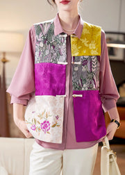 Women Colorblock Embroidered Button Silk Waistcoat Sleeveless