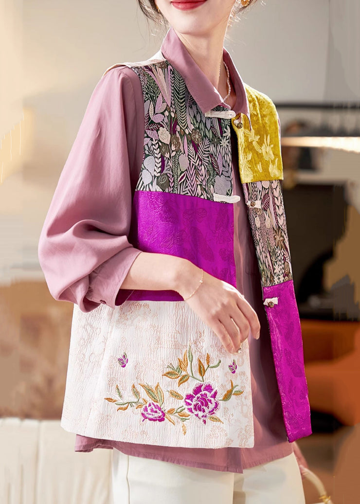 Women Colorblock Embroidered Button Silk Waistcoat Sleeveless
