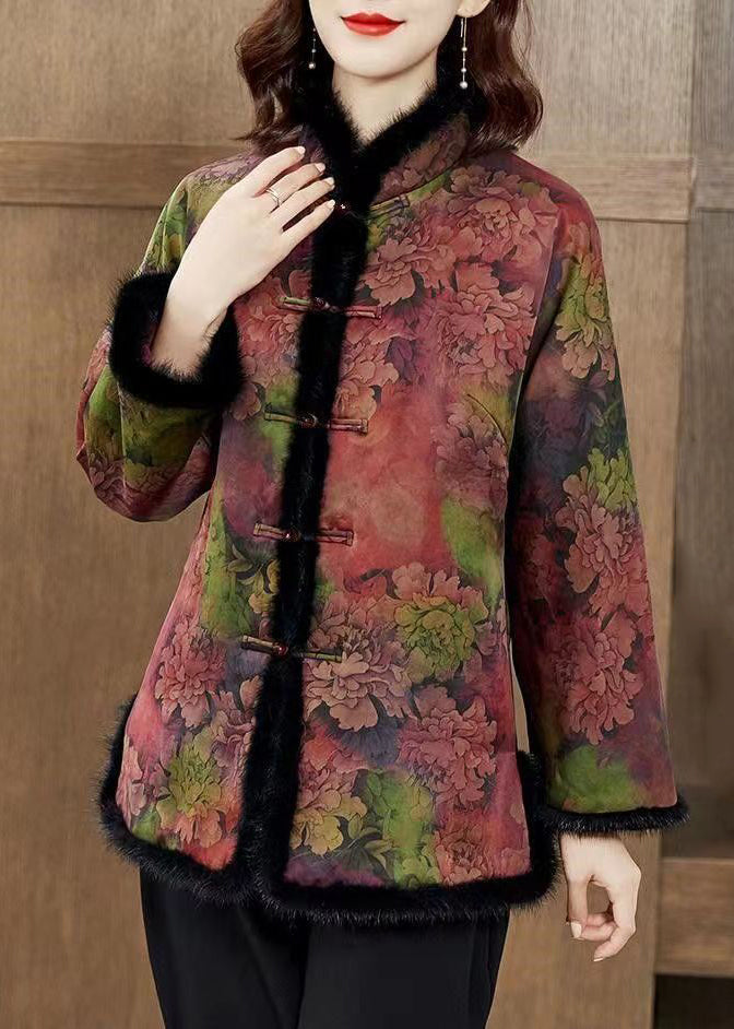 Women Colorblock Fur Collar Print Pockets Fleece Coat Winter