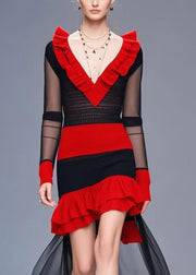 Women Colorblock Heart-shaped Neck Patchwork Tulle Knitted Dress Fall