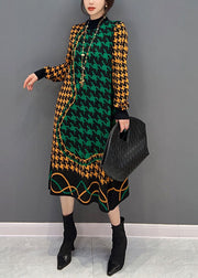 Women Colorblock Hign Neck Original Design Plaid Long Knit Dress Winter