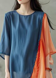 Women Colorblock O Neck Asymmetrical Design Cotton Top Summer