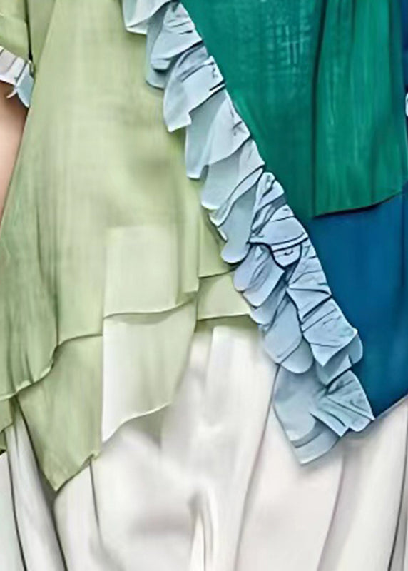 Women Colorblock O-Neck Asymmetrical Ruffled Button Top Short Sleeve