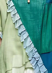 Women Colorblock O-Neck Asymmetrical Ruffled Button Top Short Sleeve