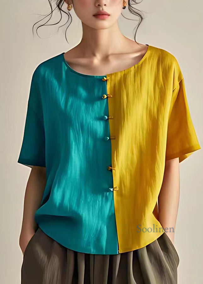 Women Colorblock O-Neck Button Tops Summer