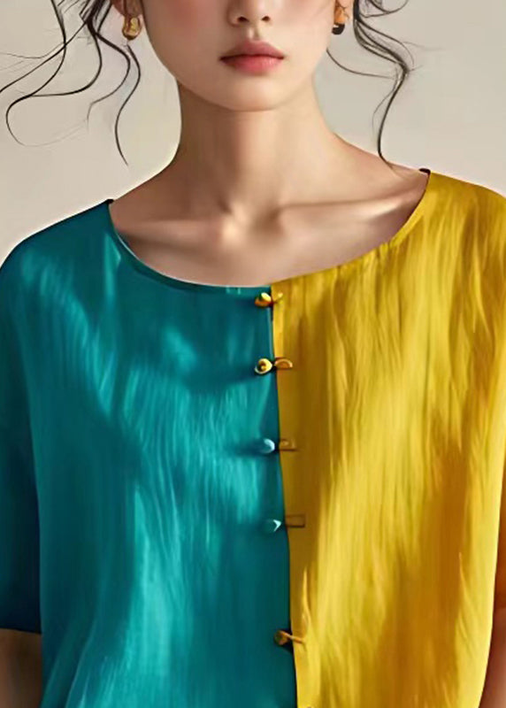 Women Colorblock O-Neck Button Tops Summer