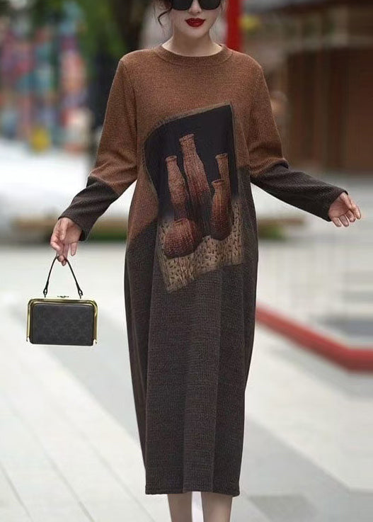 Women Colorblock O Neck Cozy Knit Long Dress Winter