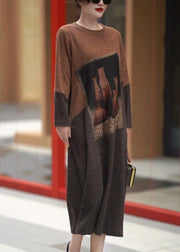 Women Colorblock O Neck Cozy Knit Long Dress Winter