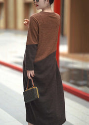 Women Colorblock O Neck Cozy Knit Long Dress Winter