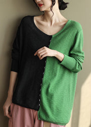 Women Colorblock O-Neck Oversized Patchwork Knit Tops Spring