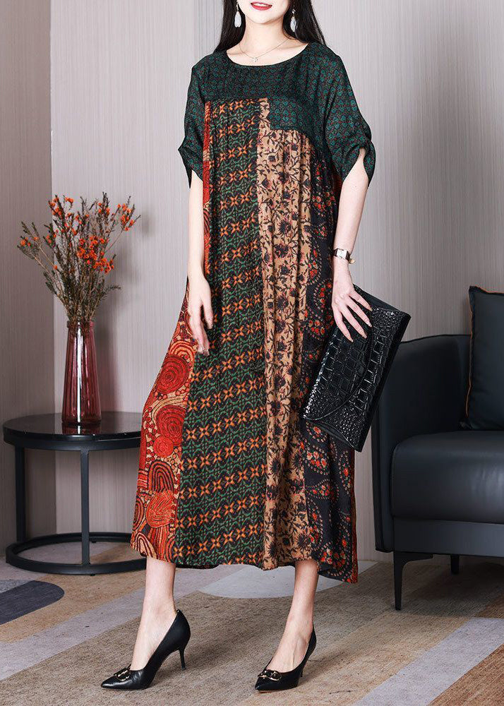 Women Colorblock O-Neck Oversized Patchwork Silk Dresses Summer