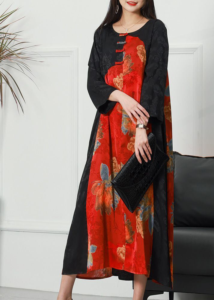 Women Colorblock O-Neck Patchwork Chinese Button Jacquard Silk Long Dress Spring