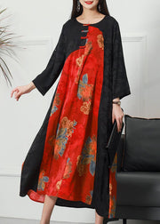 Women Colorblock O-Neck Patchwork Chinese Button Jacquard Silk Long Dress Spring