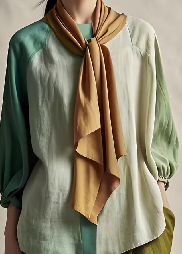 Women Colorblock O Neck Patchwork Cotton Blouses Top Long Sleeve
