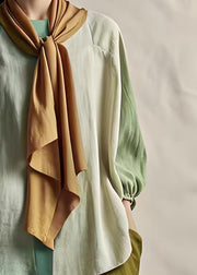Women Colorblock O Neck Patchwork Cotton Blouses Top Long Sleeve