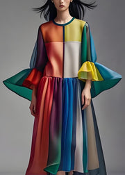 Women Colorblock O Neck Patchwork Loose Chiffon Dress Summer