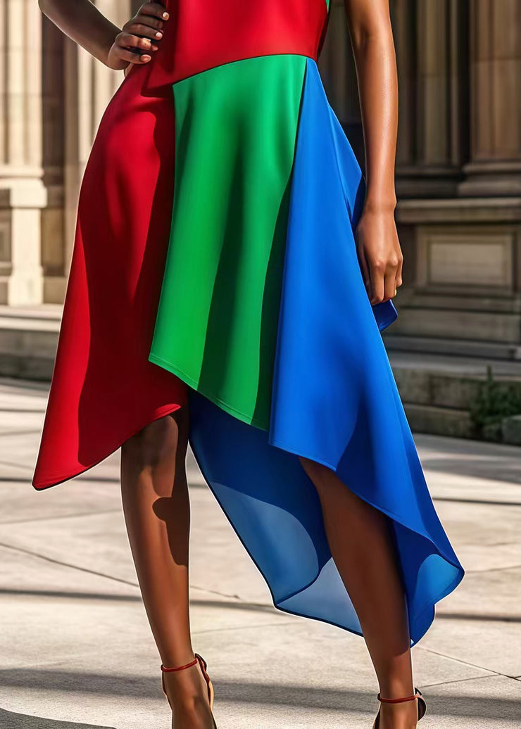 Women Colorblock One Shoulder Patchwork Silk Party Dress Summer