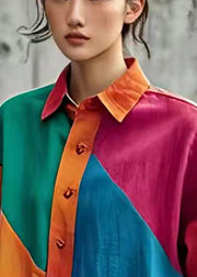 Women Colorblock Oversized Patchwork Linen Top Spring