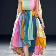 Women Colorblock Patchwork Cotton Spaghetti Strap Dress Sleeveless